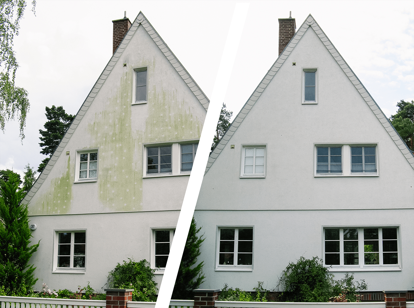 Fassade Einfamilienhaus mit Grünbelag vorher nachher - Fassadenreinigung kostengünstig